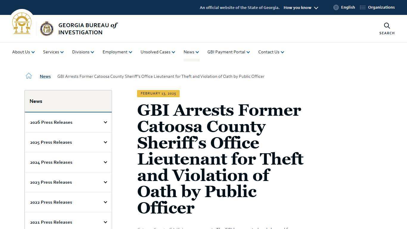 GBI Arrests Former Catoosa County Sheriff’s Office Lieutenant for Theft and Violation of Oath by Public Officer Georgia Bureau of Investigation